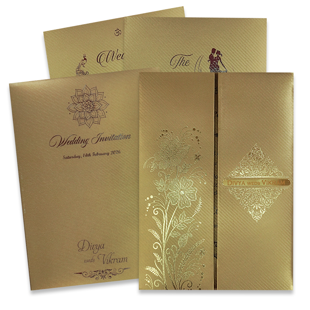 Gold Embossed Floral Padded Wedding Card-KNPM9513G
