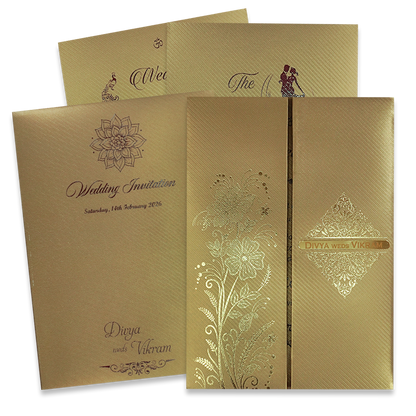 Check out Gold Embossed Floral Padded Wedding Card at best price. ✅WhatsApp Support ✅Express Delivery.|King of cards.