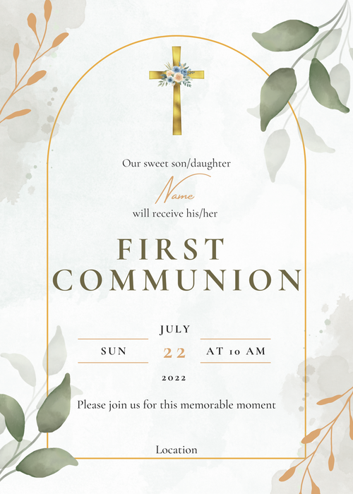 White Floral Cross Symbol Holy Communion Invitation-AAHOI003