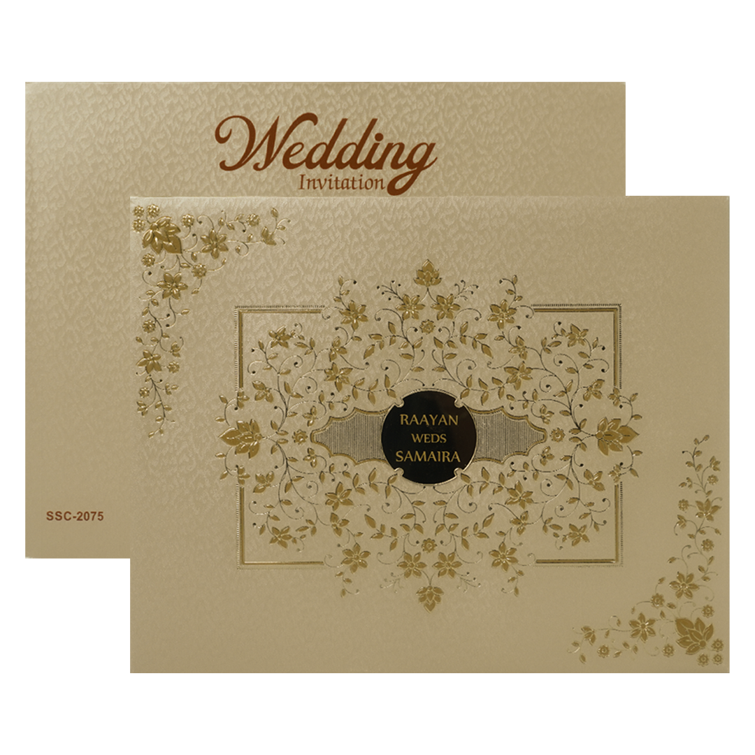 Check out Cream Gold Floral Padded Wedding Card at best price.✅WhatsApp Support ✅Express Delivery.|King of cards.
