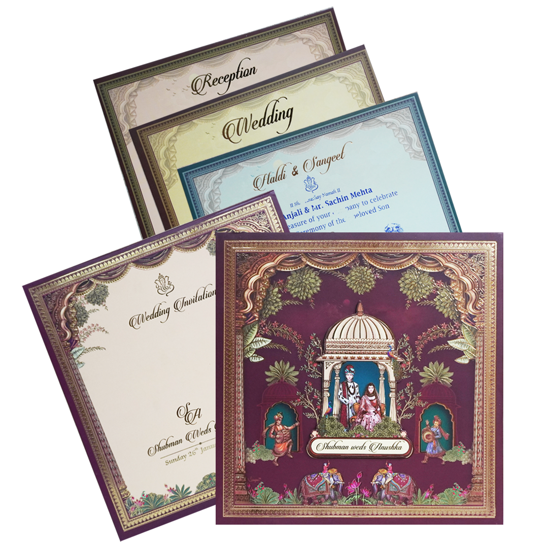 Royal Maroon Floral Padded Wedding Card - KRB08870