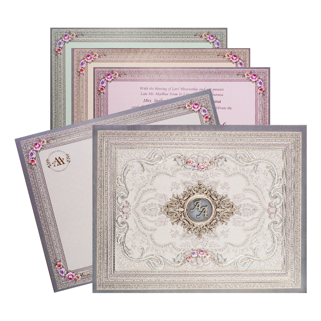 Check out Grey Baroque Floral Padded Wedding Card at best price. ✅WhatsApp Support ✅Express Delivery.|King of cards.