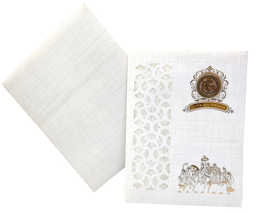 Grey Metallic Laser Cut Design With Baraat Print In Gold Foiling-KNK9404G-King of Cards