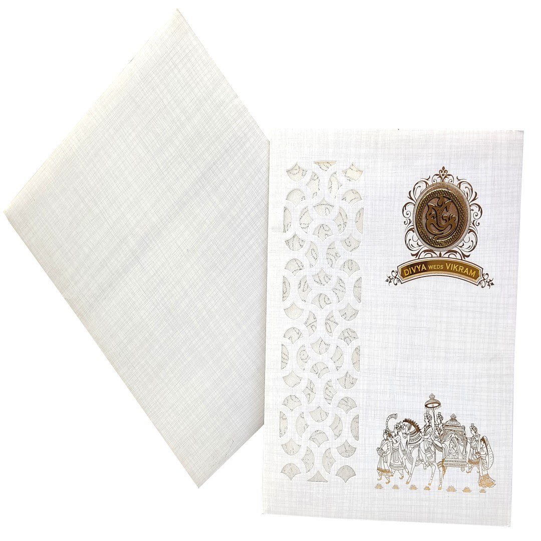 Grey Metallic Laser Cut Design With Baraat Print In Gold Foiling-KNK9404G