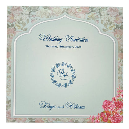 Blue Padded Floral Wedding Card In Offset-KNPO5515B
