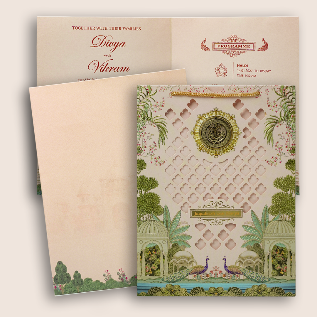 Cream Laser-Cut Bag Style Wedding Card - KNAS3106