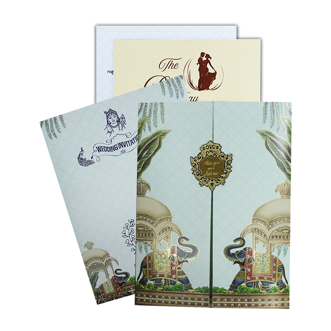 Blue Elephant Door Style Wedding Card - KNKC4089