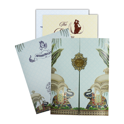 Blue Elephant Door Style Wedding Card - KNKC4089