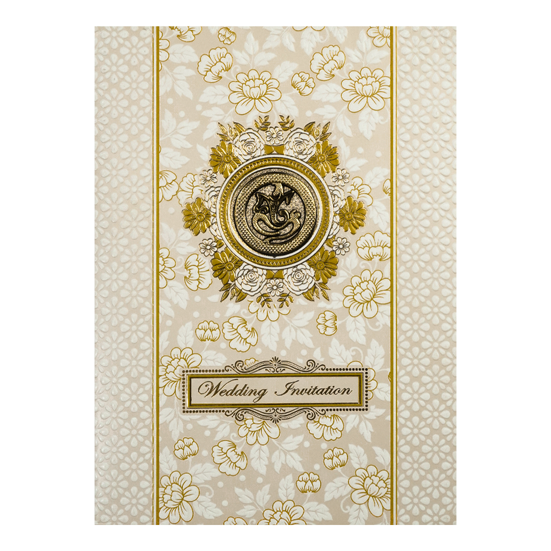 Cream Gold Floral Ganesha Wedding Card-KNK7060W