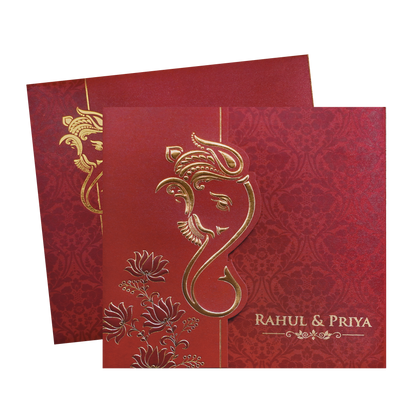 Red Ganesha Cutout Traditional Wedding Invitation Card-KPR06010