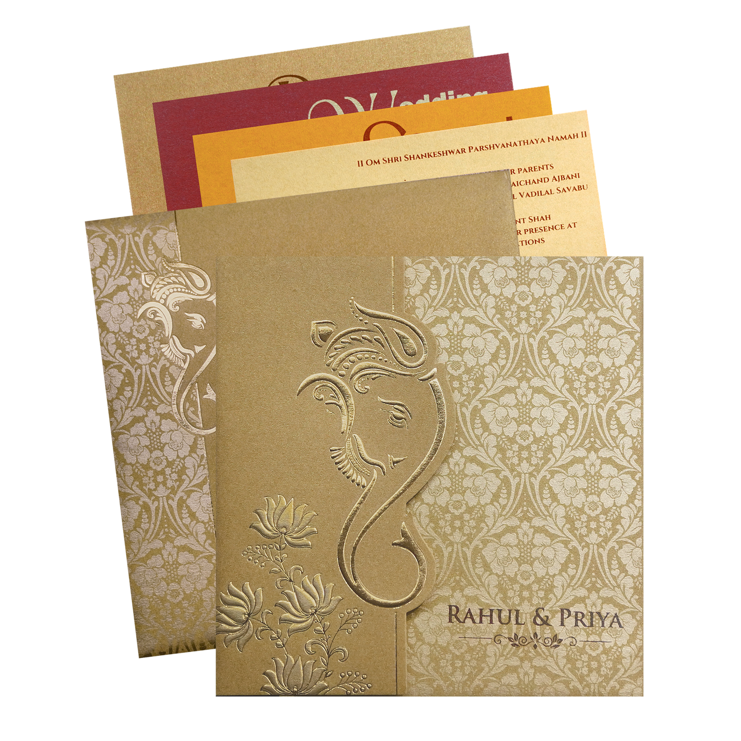Gold Ganesha Cutout Floral Wedding Invitation Card-King of Cards