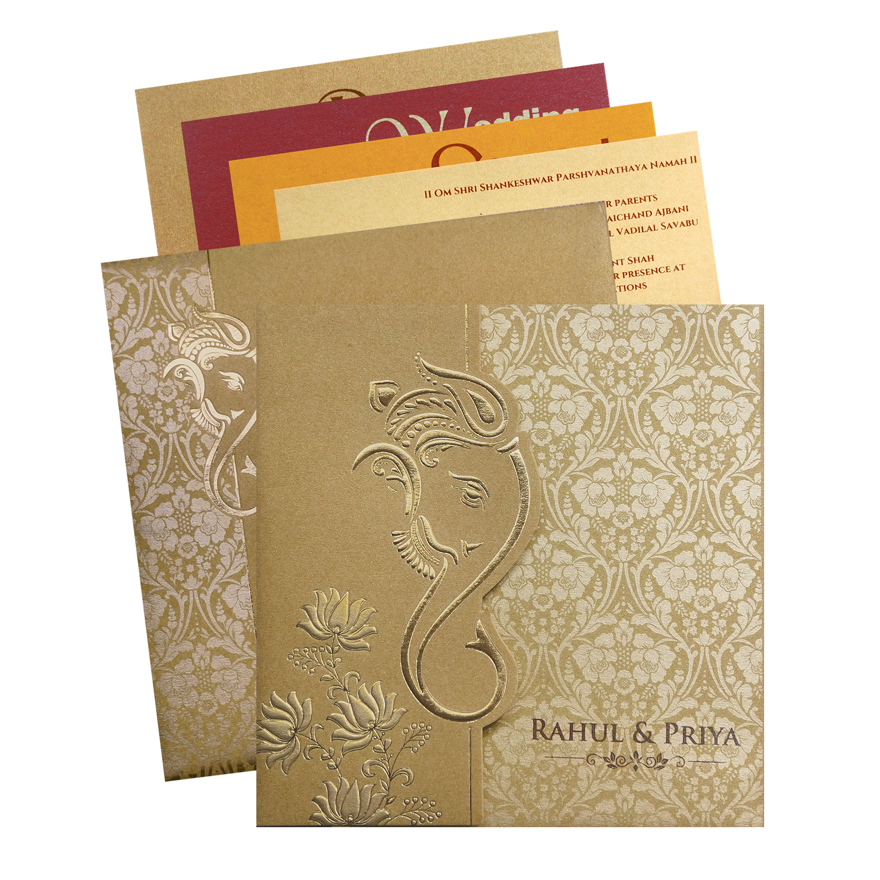 Gold Ganesha Cutout Floral Wedding Invitation Card-King of Cards