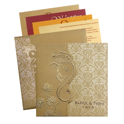 Gold Ganesha Cutout Floral Wedding Invitation Card-King of Cards