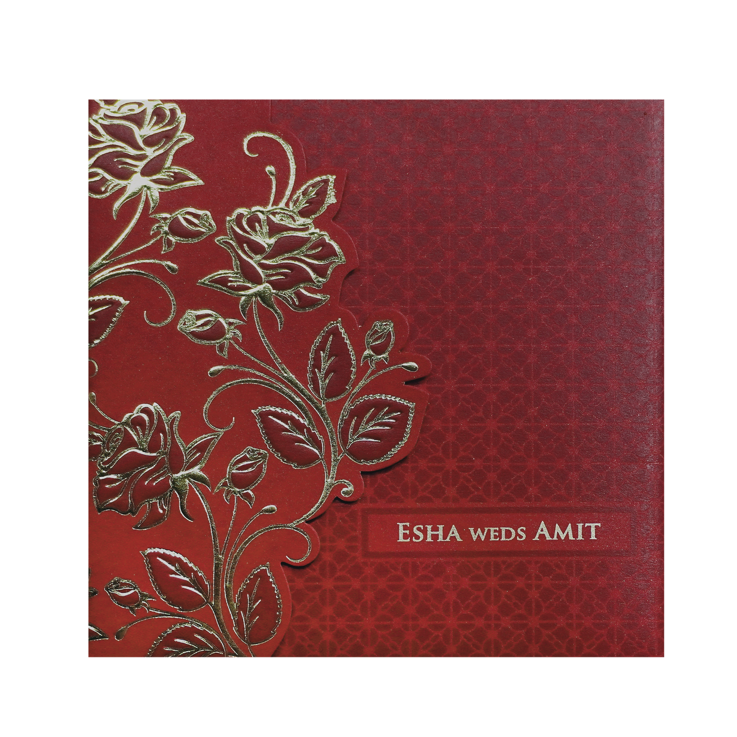 Red wedding invitation with gold floral design. 