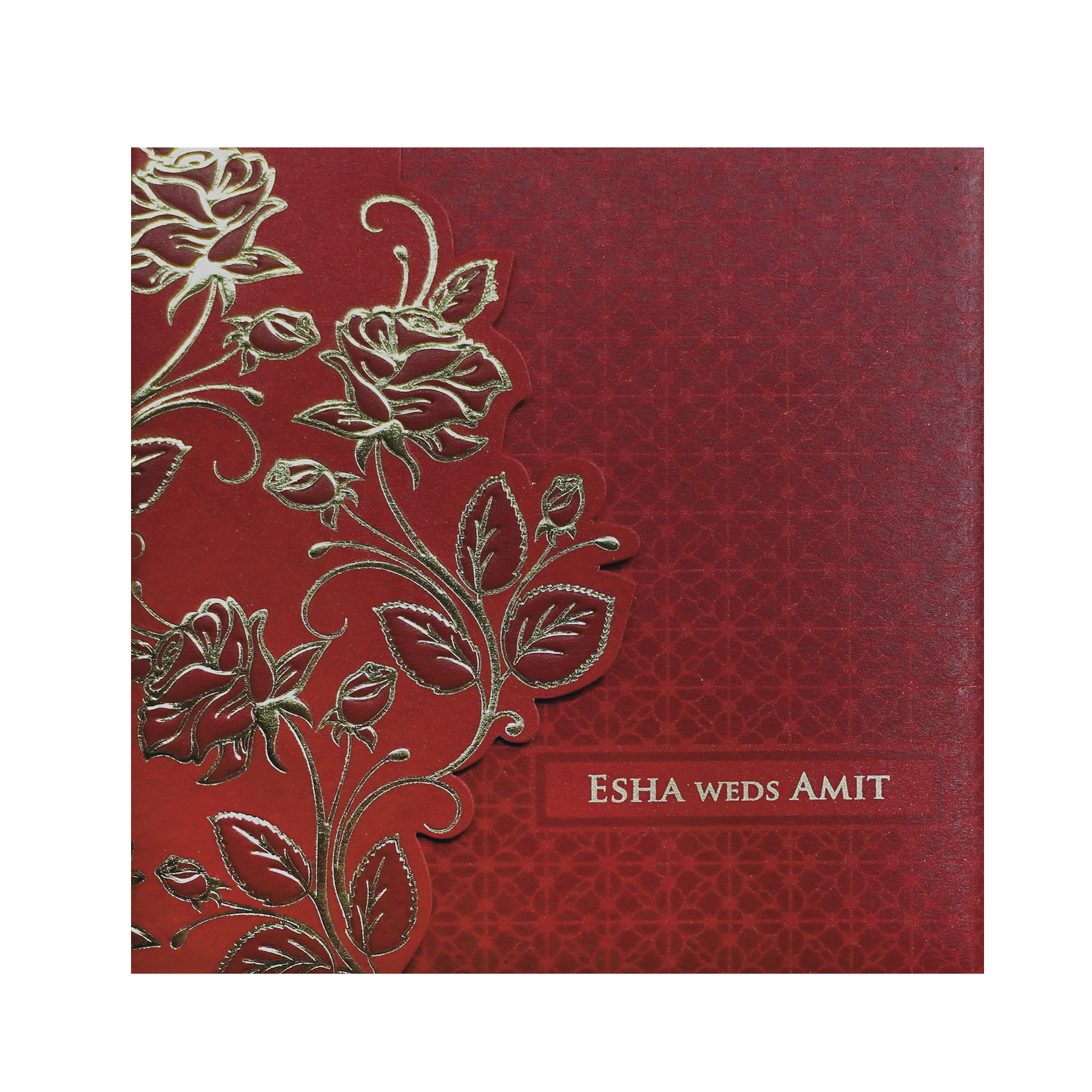 Red wedding invitation with gold floral design. 