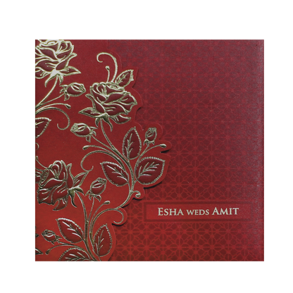 Red wedding invitation with gold floral design. 