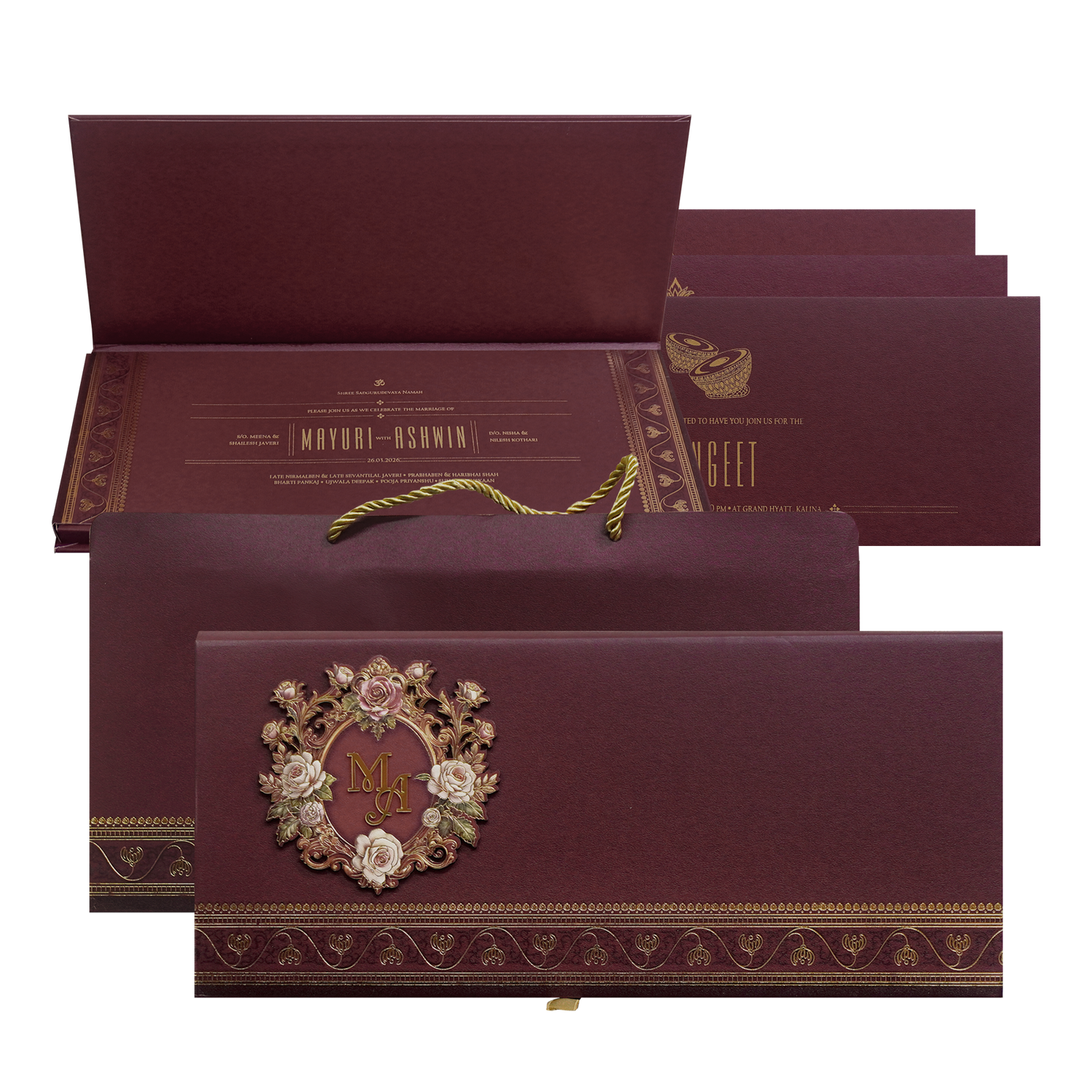 Maroon Floral Handle Padded Wedding Invitation Card-King of Cards