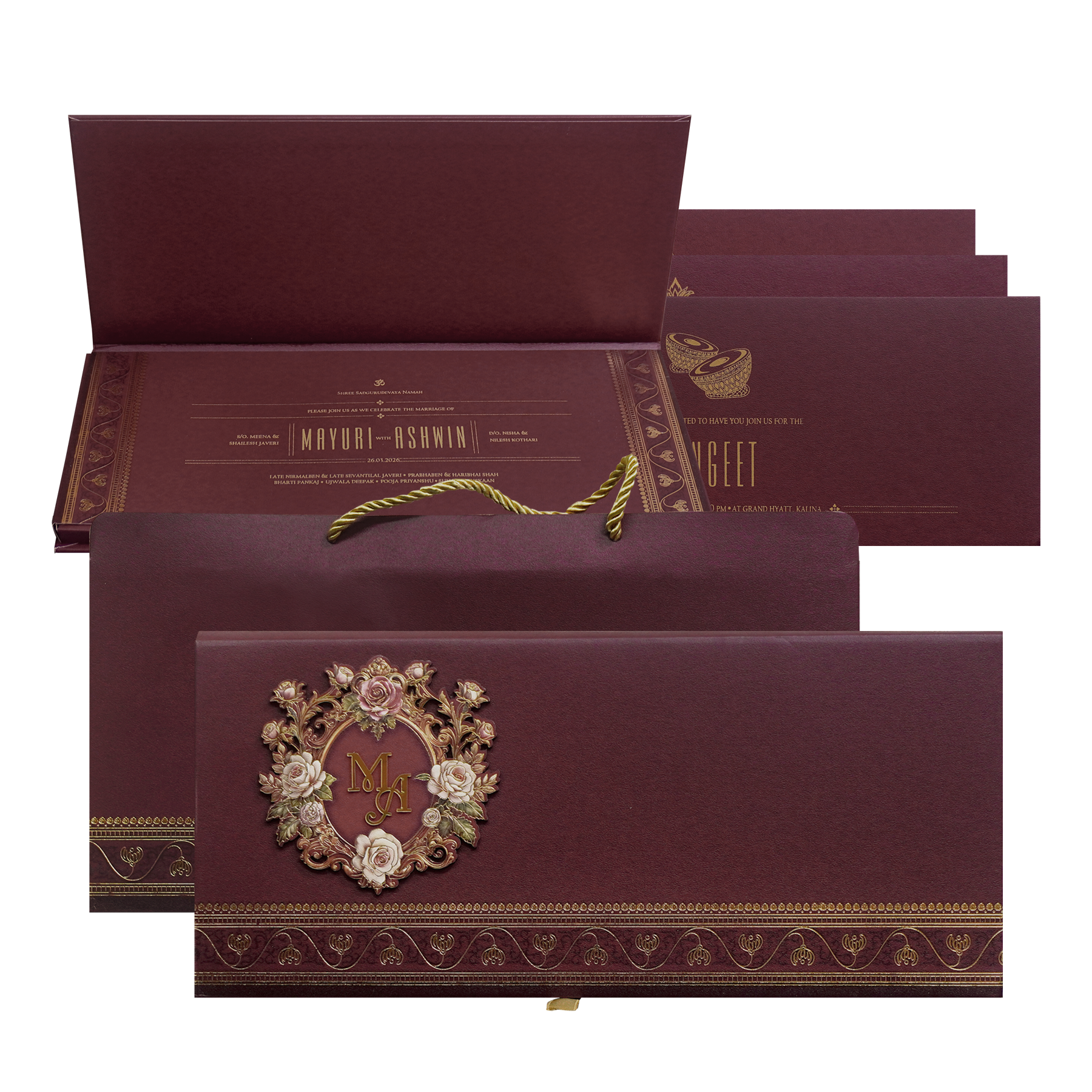 Maroon Floral Handle Padded Wedding Invitation Card-King of Cards