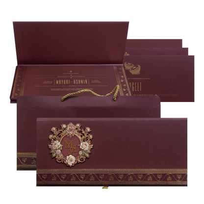 Maroon Floral Handle Padded Wedding Invitation Card-King of Cards