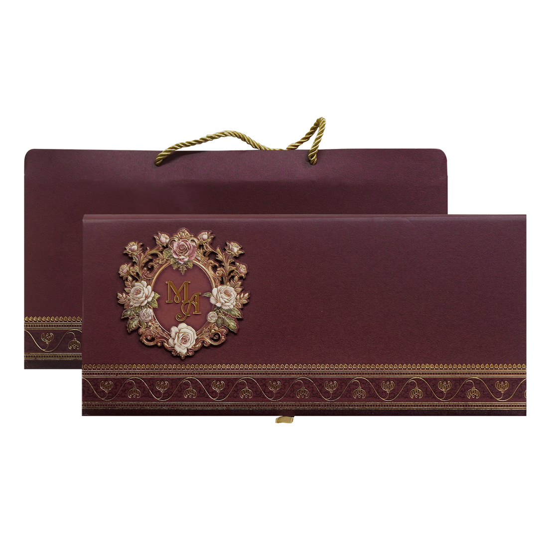 Maroon Floral Handle Padded Wedding Invitation Card-KPR24890