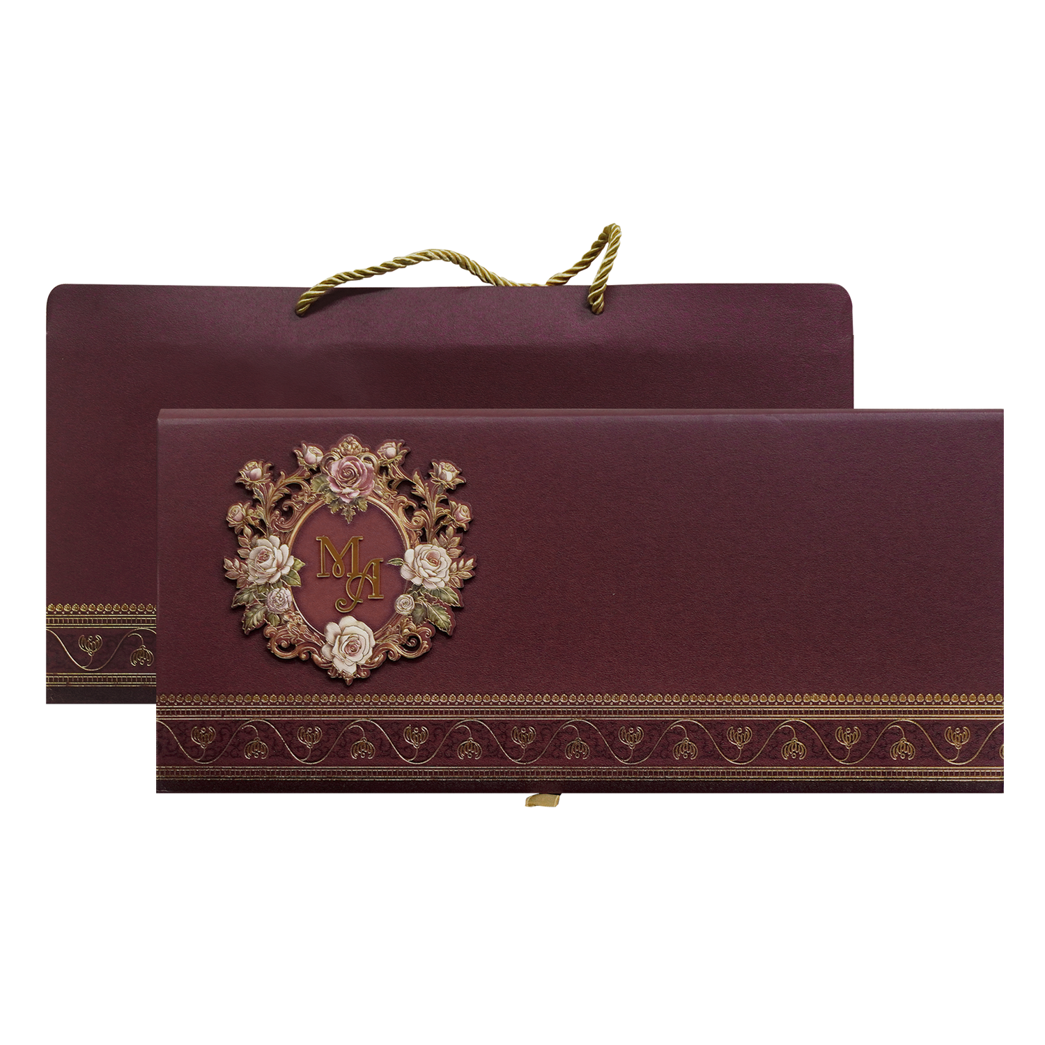 Maroon Floral Handle Padded Wedding Invitation Card-KPR24890