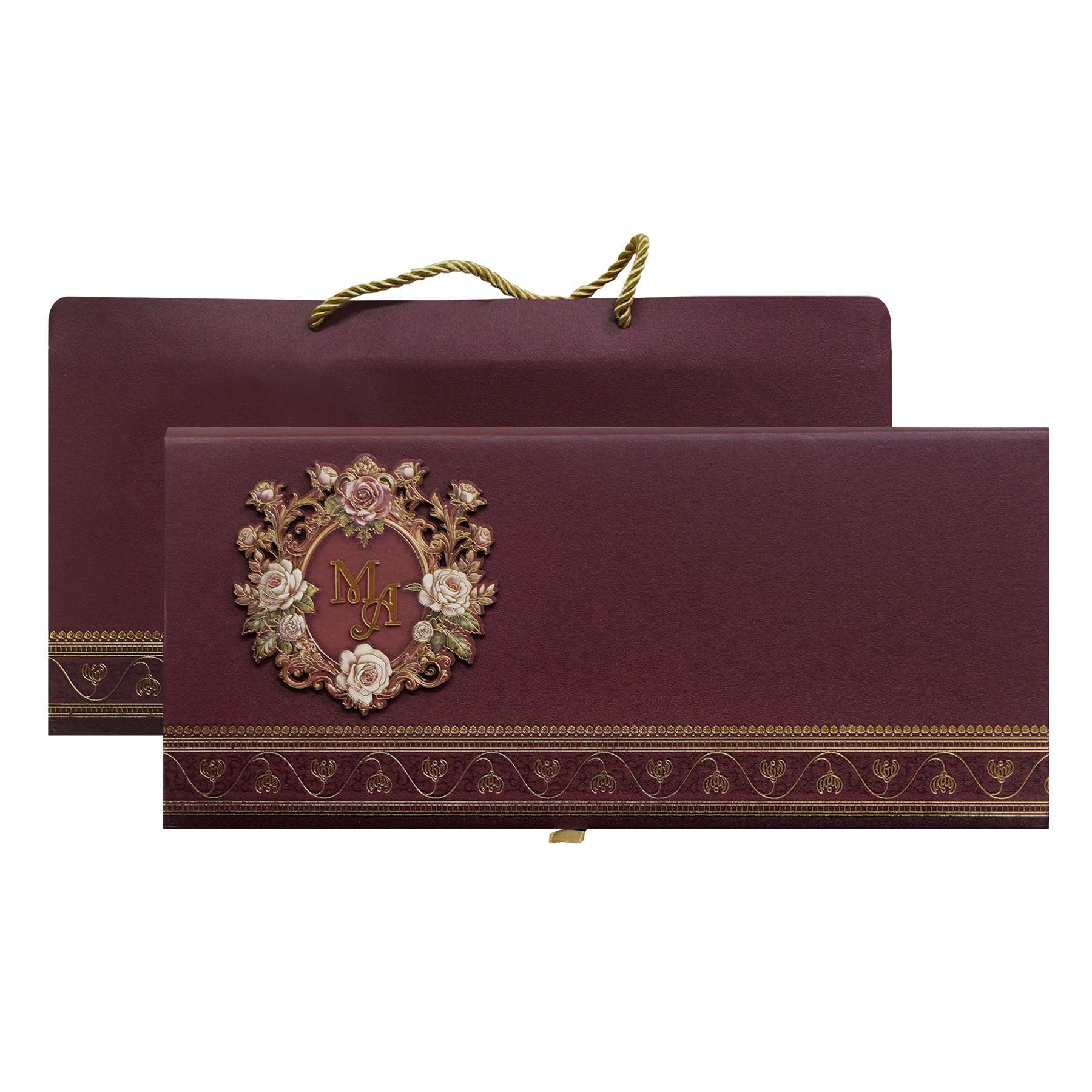 Maroon Floral Handle Padded Wedding Invitation Card-KPR24890