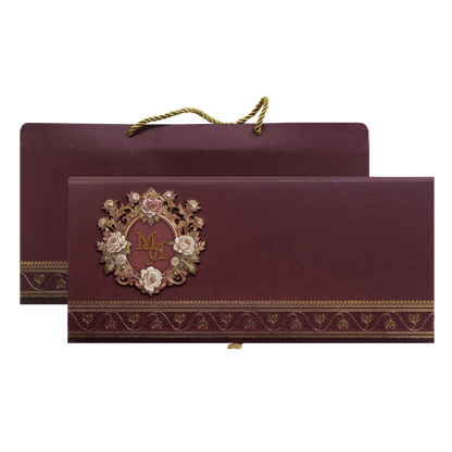 Maroon Floral Handle Padded Wedding Invitation Card-KPR24890