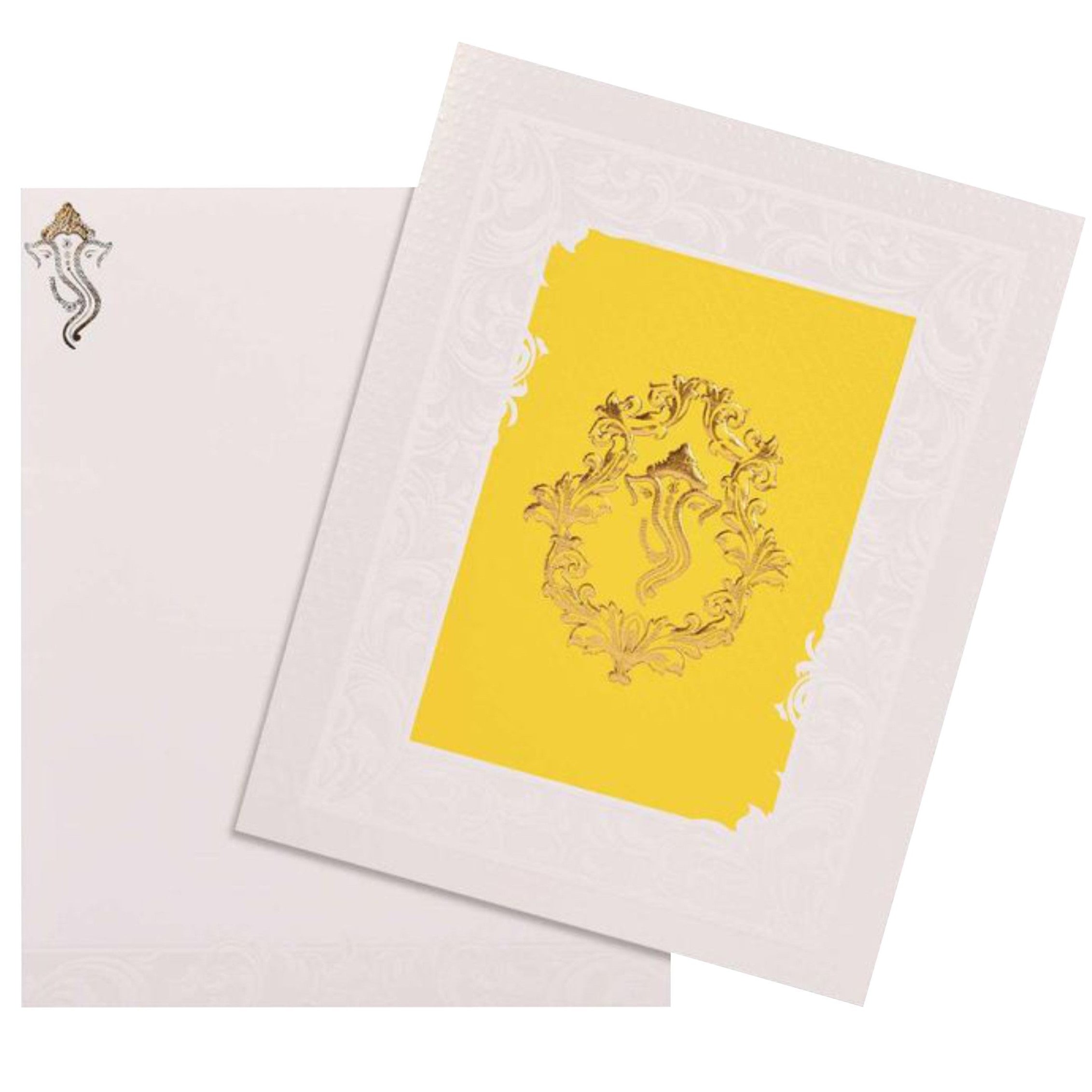 Gold Foiling Ganesha With Yellow Shaded Background Wedding Card - KNK3839