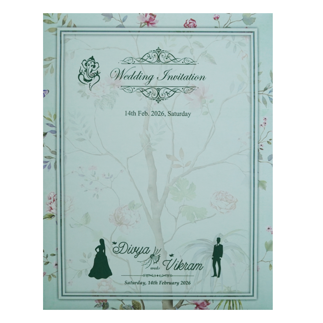 Blue Floral Design Wedding Invitation Card-KNKJ1126