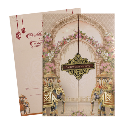 Cream Elephant Carriage Padded Wedding Card-KSH73200