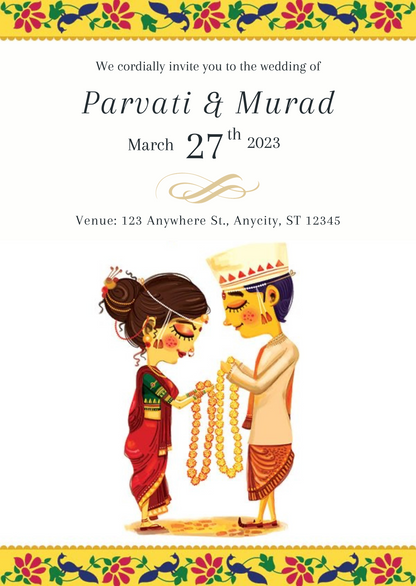 White Caricature Marathi Wedding Invitation-King of Cards