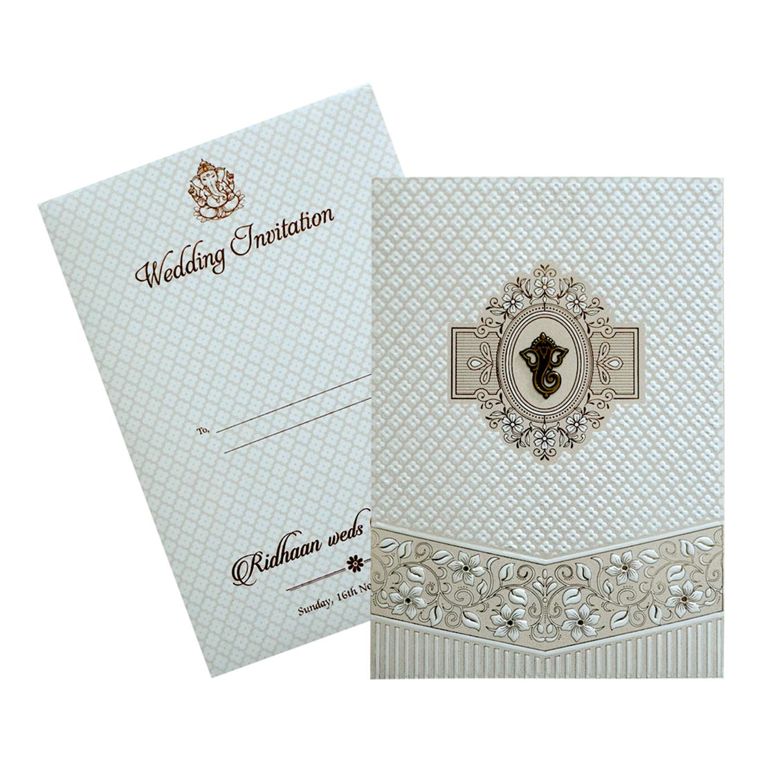 White Quilted Floral Ganesh Wedding Card - KVN07180
