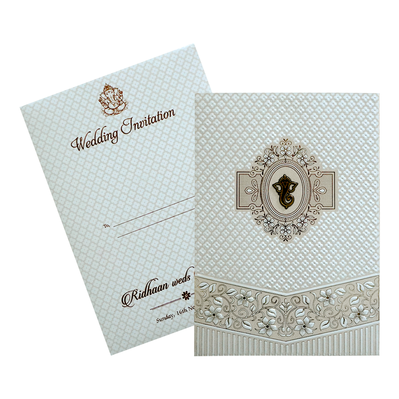 White Quilted Floral Ganesh Wedding Card - KVN07180