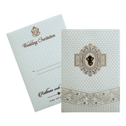 White Quilted Floral Ganesh Wedding Card - KVN07180