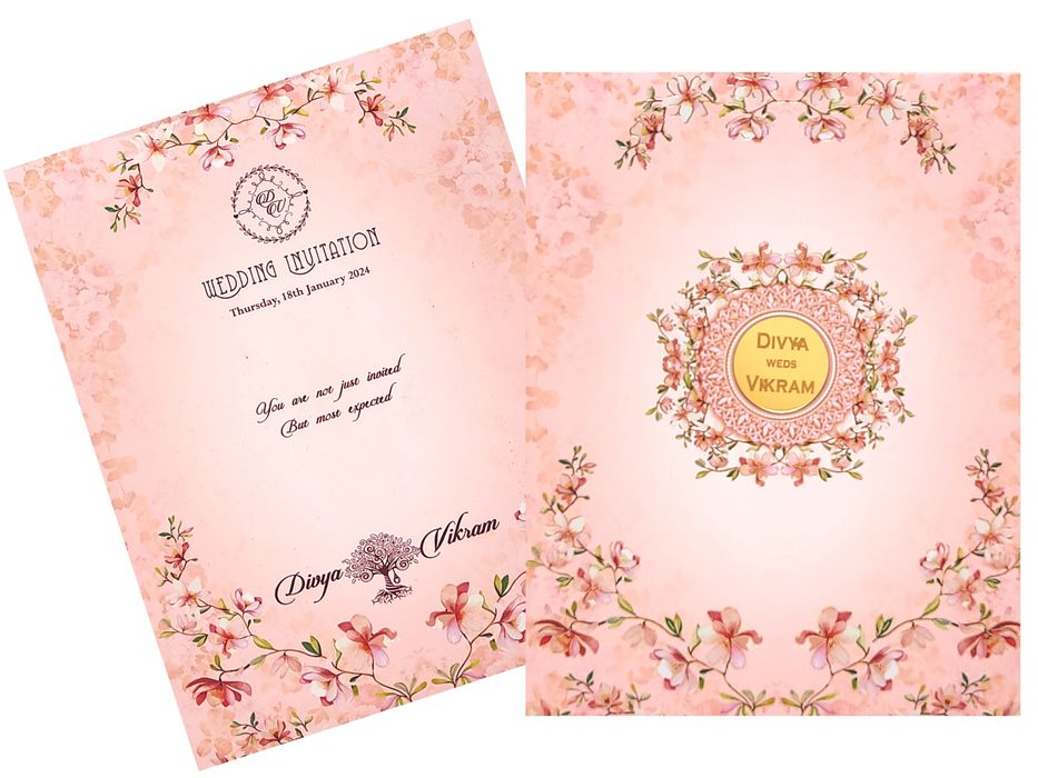 Pink Padded Floral Wedding Card In Offset Print-King of Cards