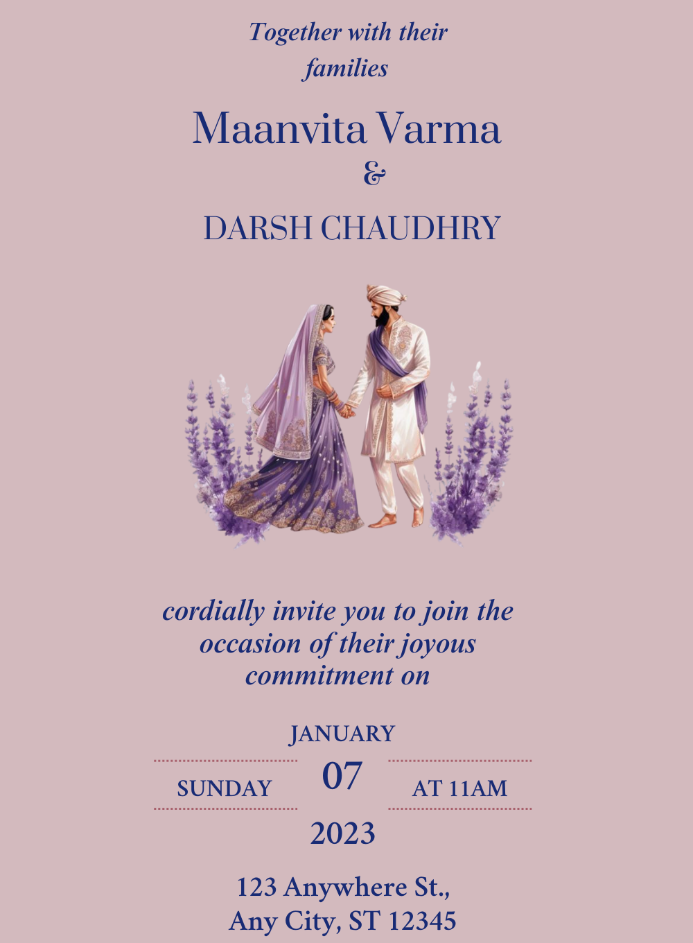 Lavender Holding Hands Caricature Wedding Invitation-AACAR009
