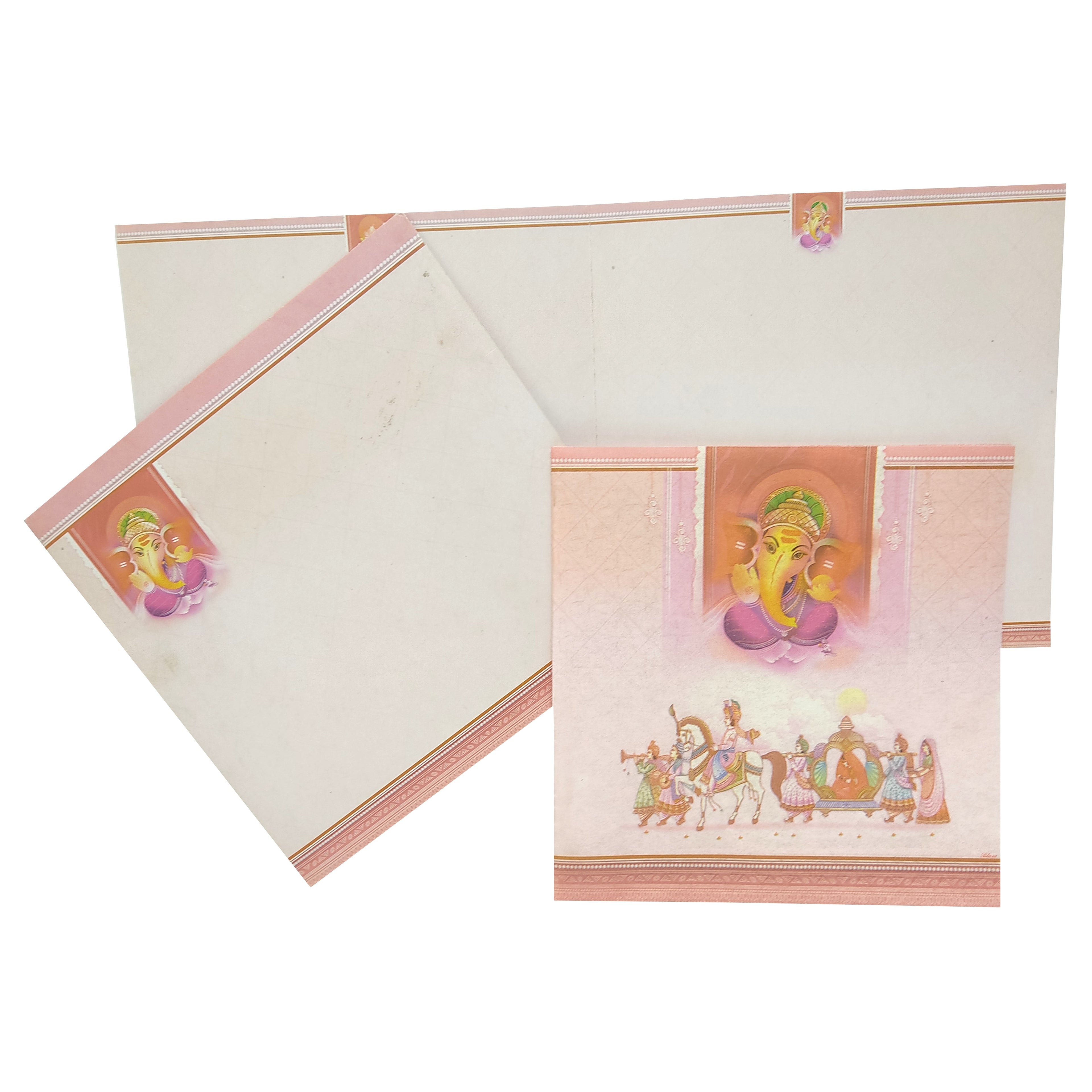 Check out our super cool collection of White colour with red embossed on ganesha theme and one folding insert  invitation card at best price. &amp;