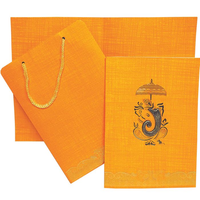 Orange Metallic Embossed Ganesha Trunk Invitation-KNCA202O-King of Cards