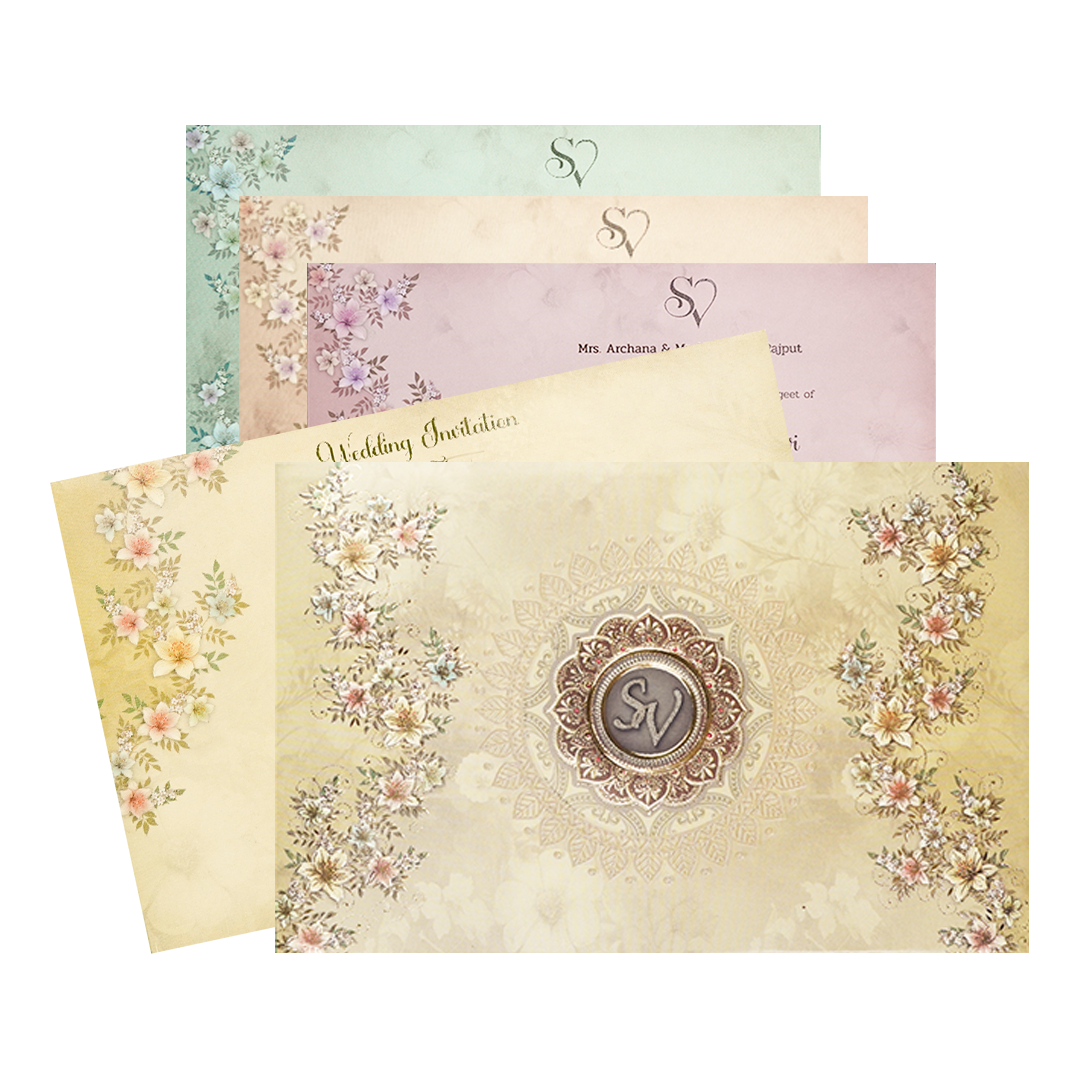 Beige Floral Padded Wedding Card-KSI64050