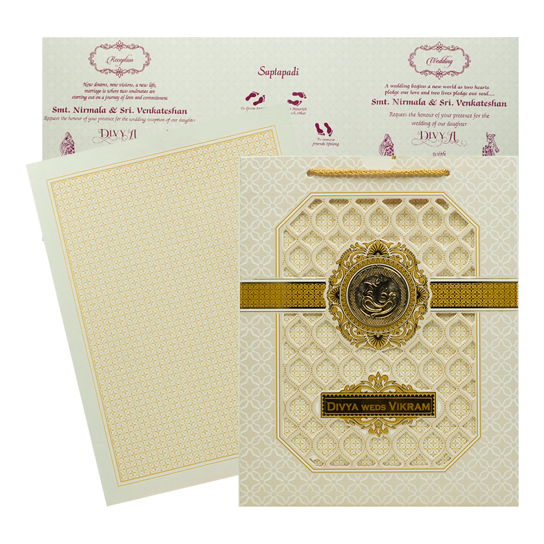 Cream Gold Jali Laser-cut Wedding Card-KNQS8308