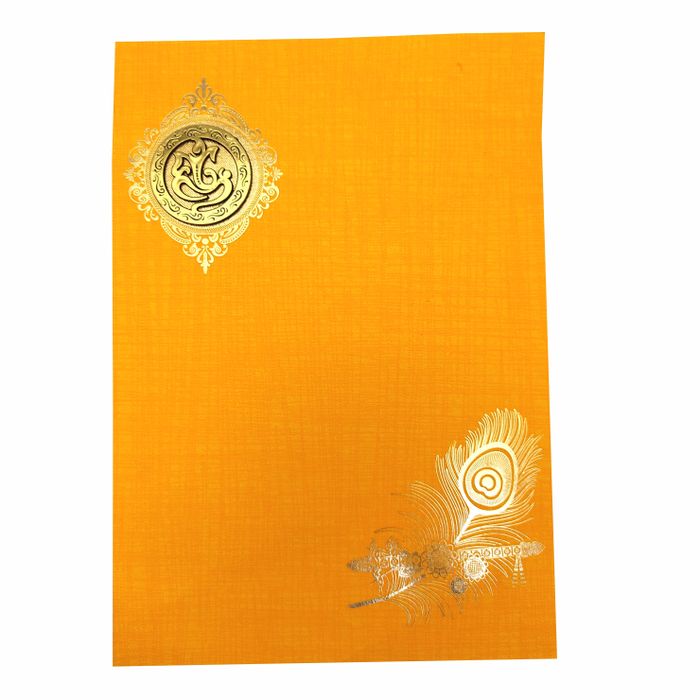 Orange Classic Paper Print Peacock Feather With Flute Wedding Card-KNCP811O-King of Cards