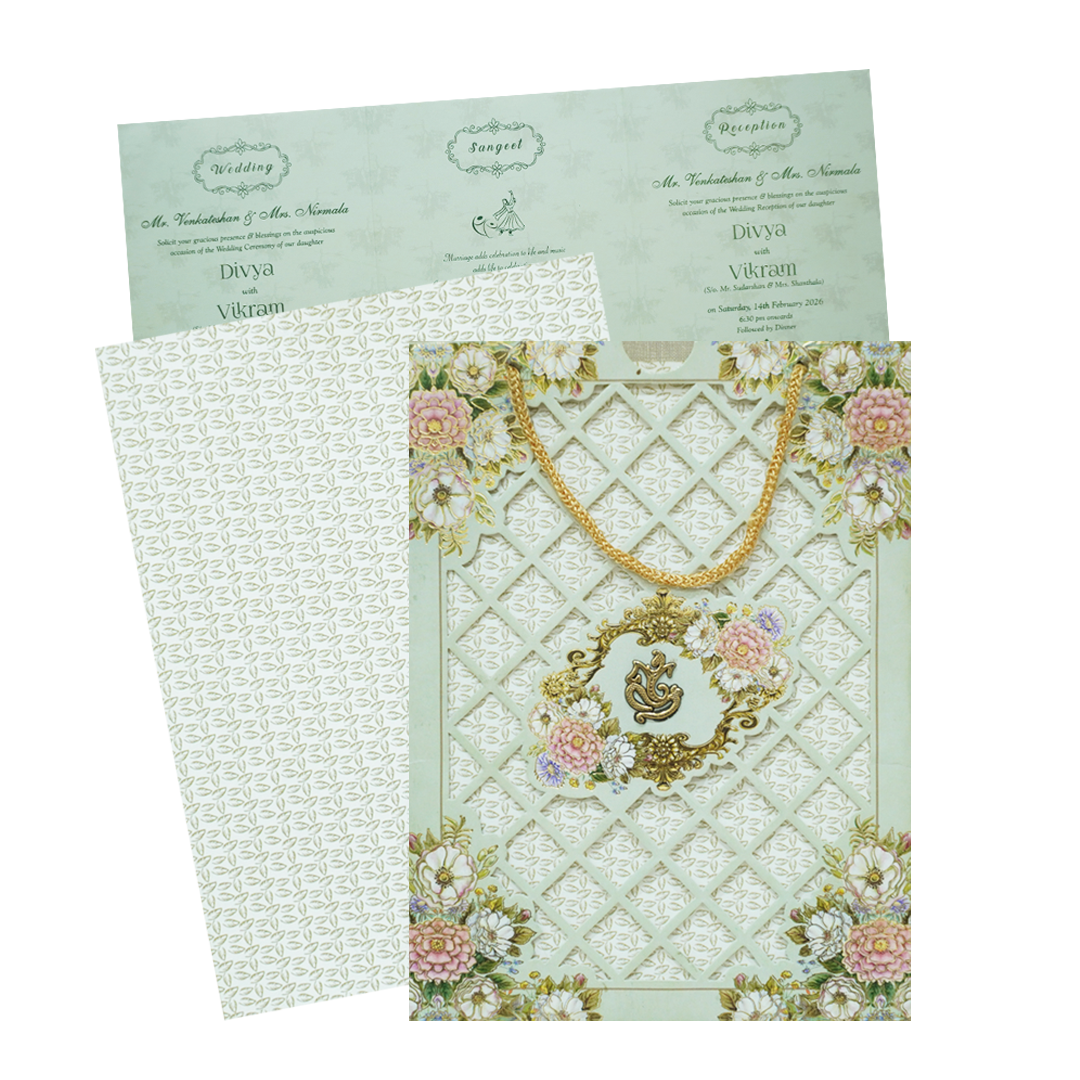 Pastel Green Floral Laser Cut 3-Fold Wedding Card-KNAV1801