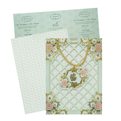 Pastel Green Floral Laser Cut 3-Fold Wedding Card-KNAV1801
