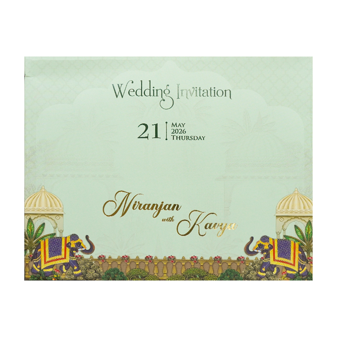 Green Palace Elephant Laser-Cut Wedding Card-KSH72920