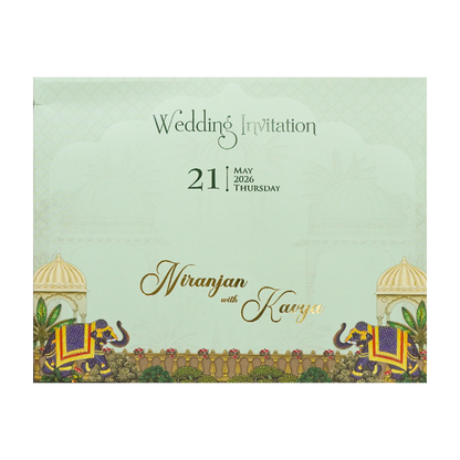Green Palace Elephant Laser-Cut Wedding Card-KSH72920