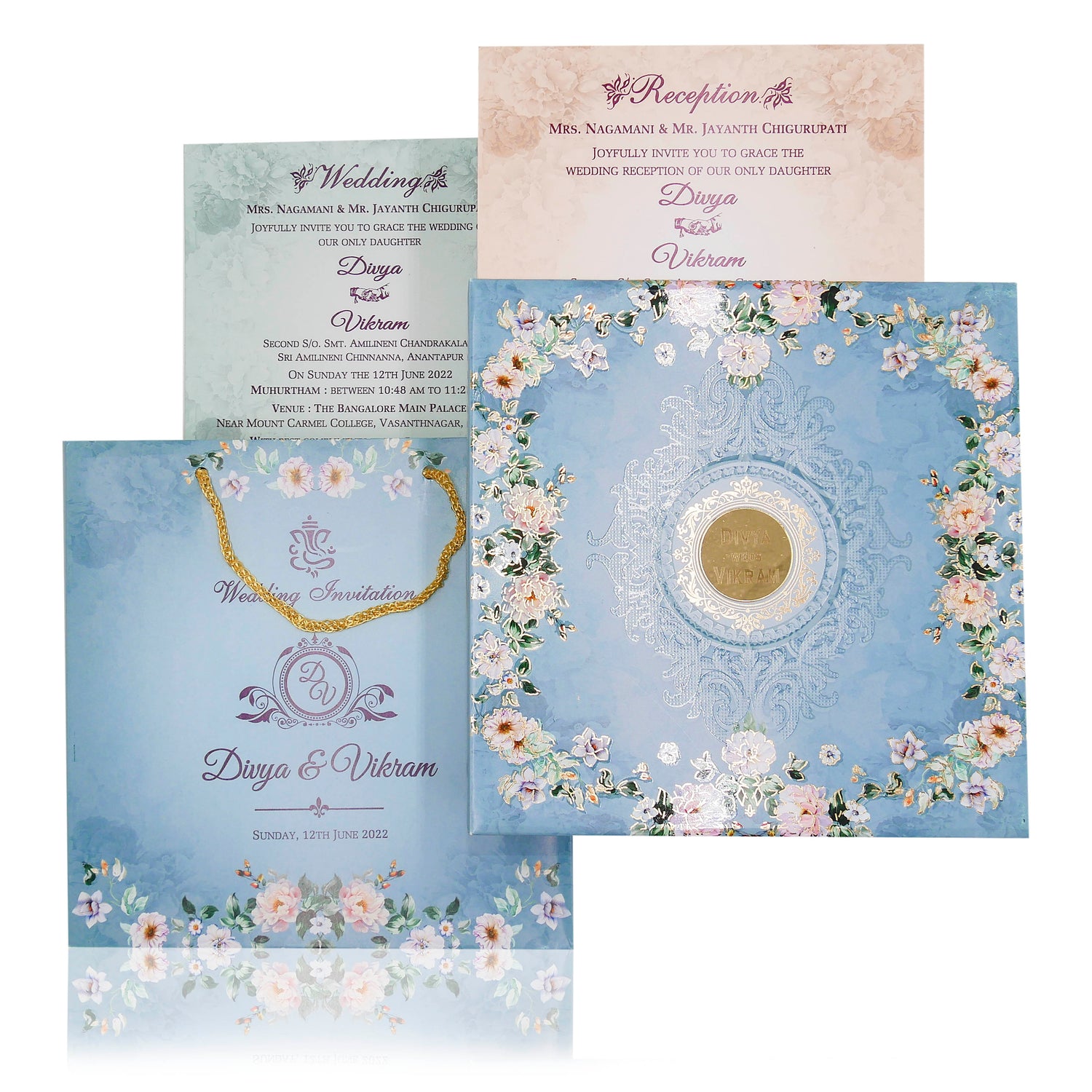 King of cards - Shop Luxury Invitation Cards online. Youtube video available. Order Blue Floral Sweet Box Invitation Card online / call us at +91 8073526747.