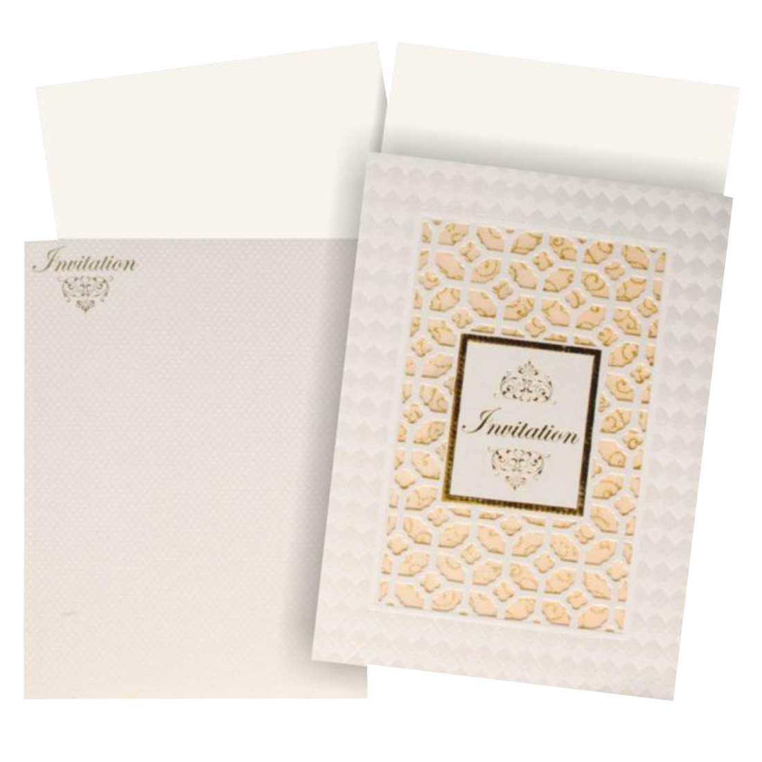 This wedding card is a designer card with blossom theme all around it. A Gold foiling design is placed at the centre with laser cut design surrounding it. This wedding card is a vertical sort card with a conventional opening which weighs around 80 grams. This card has a single long insert with a box type cover. This card is a fast moving card with a reasonable price. Reach us to know more about the card and printing option.