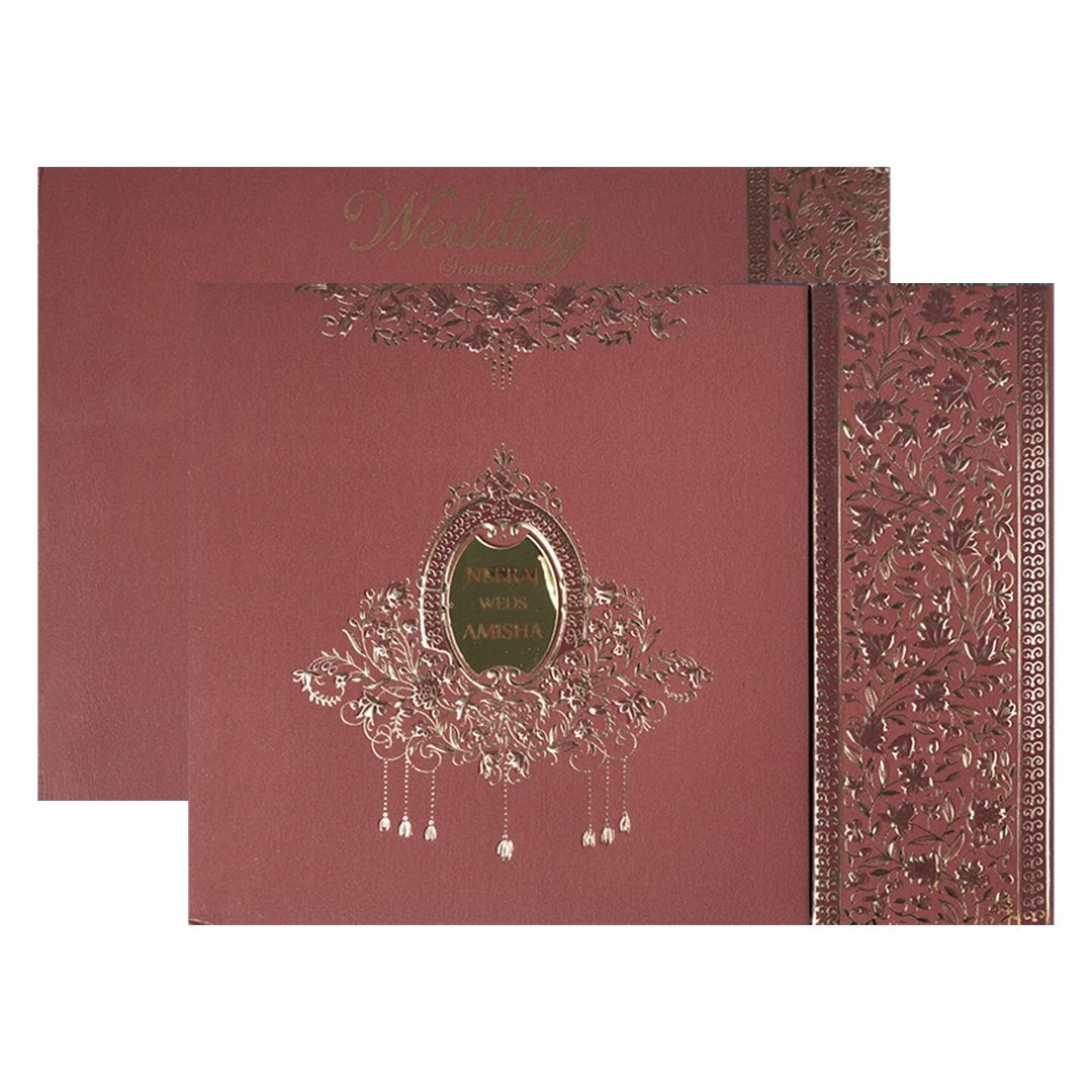 Maroon Floral Padded Wedding Card-KSSC1550