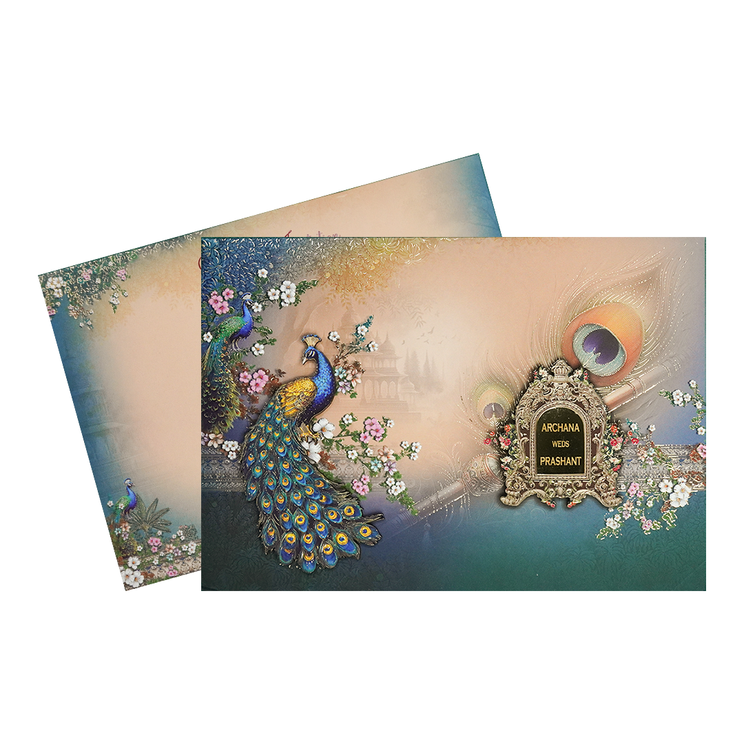 Cream Peacock Padded Wedding Card-KSI64180