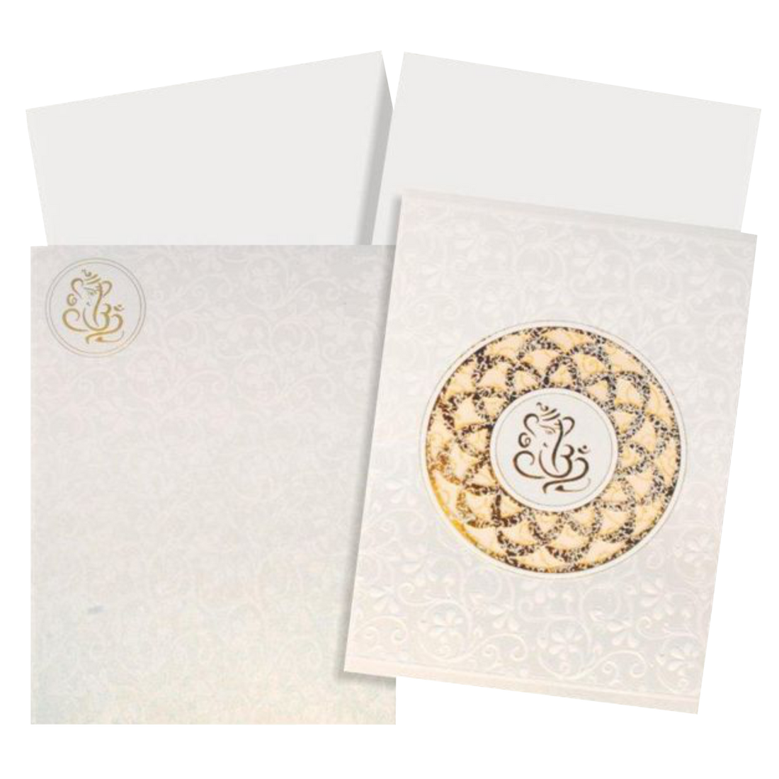 This wedding card is a designer card with a pristine white shading. This card has flower theme all around it in white shading. A Ganesha is placed at the centre with gold foiling laser cut flower design surrounding it. This wedding card has a fold-able single insert with a box type cover. The insert can be made into two inserts if needed. Make your wedding awesome with this card. Get in touch with us to know more.